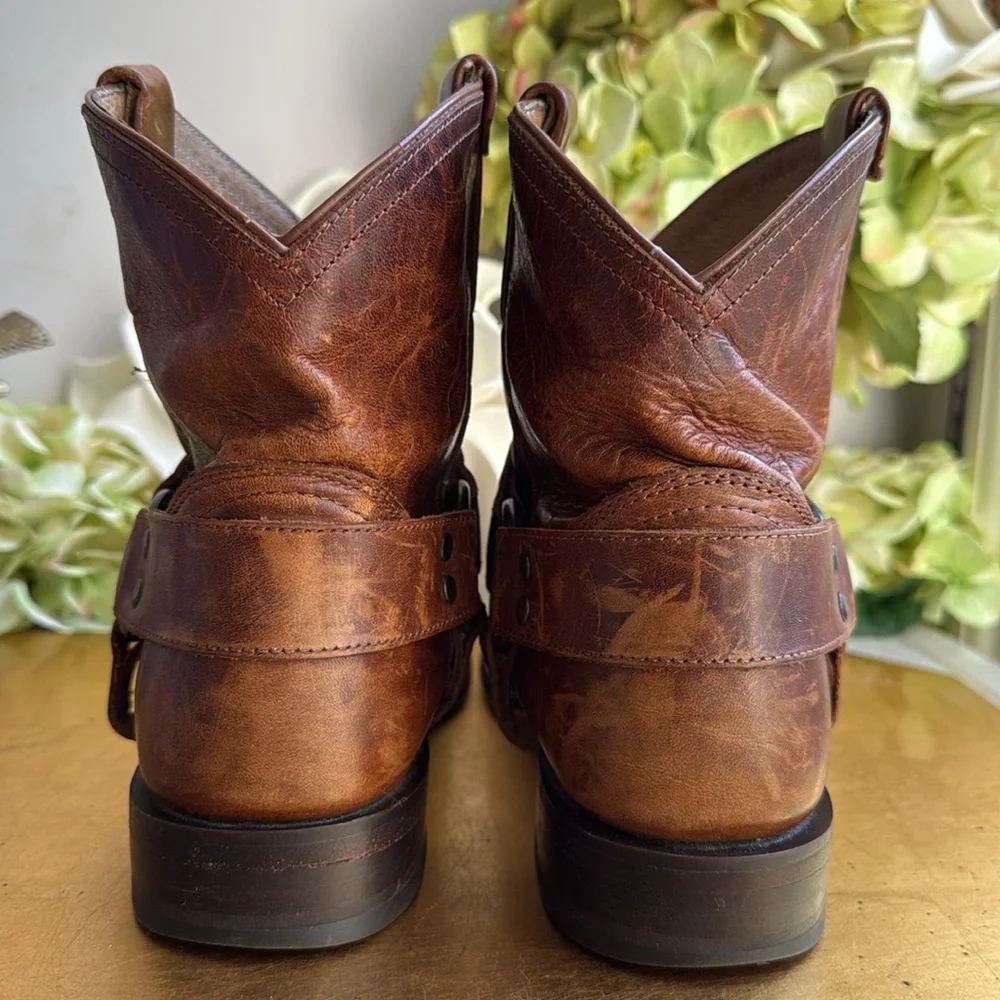 Frye Wyatt Harness Distressed Short Boot in Cognac Leather
